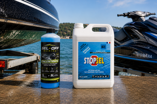 Comparatif Sell-Off Concentrate et Stopsel pour le rinçage anti-sel des bateaux, jet-skis et moteurs hors-bord